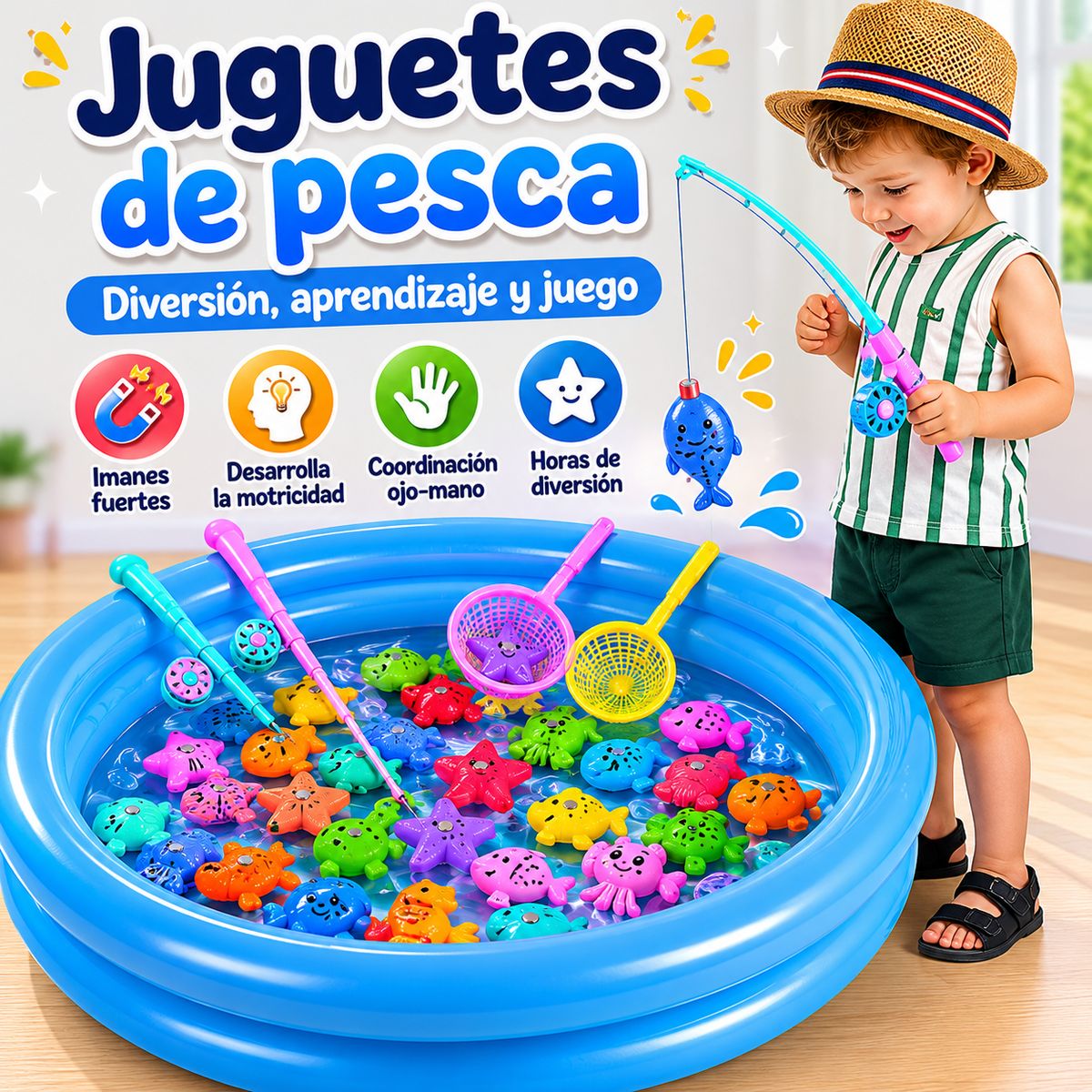 Estanque de pesca inflable infantil con peces magnéticos
