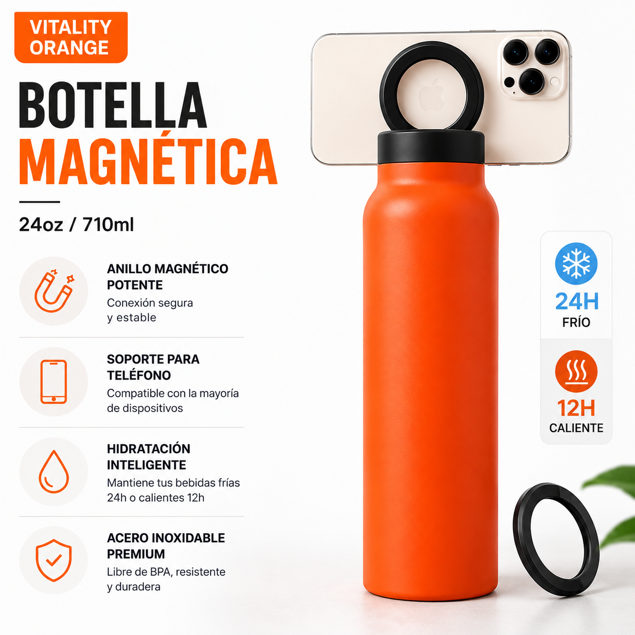 Botella Deportiva Acero Inoxidable 700ml con Soporte Magnético para Móvil