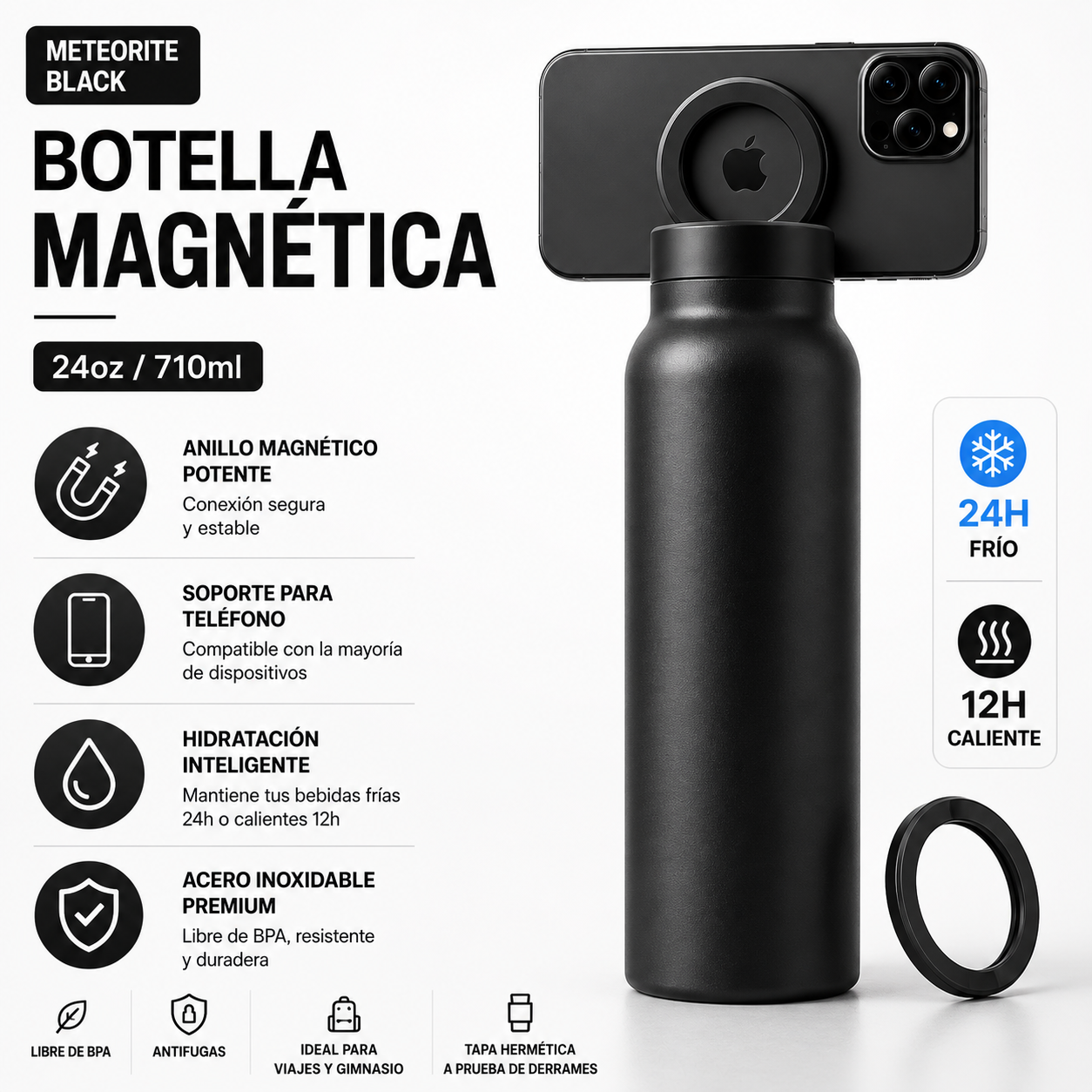 Botella Deportiva Acero Inoxidable 700ml con Soporte Magnético para Móvil