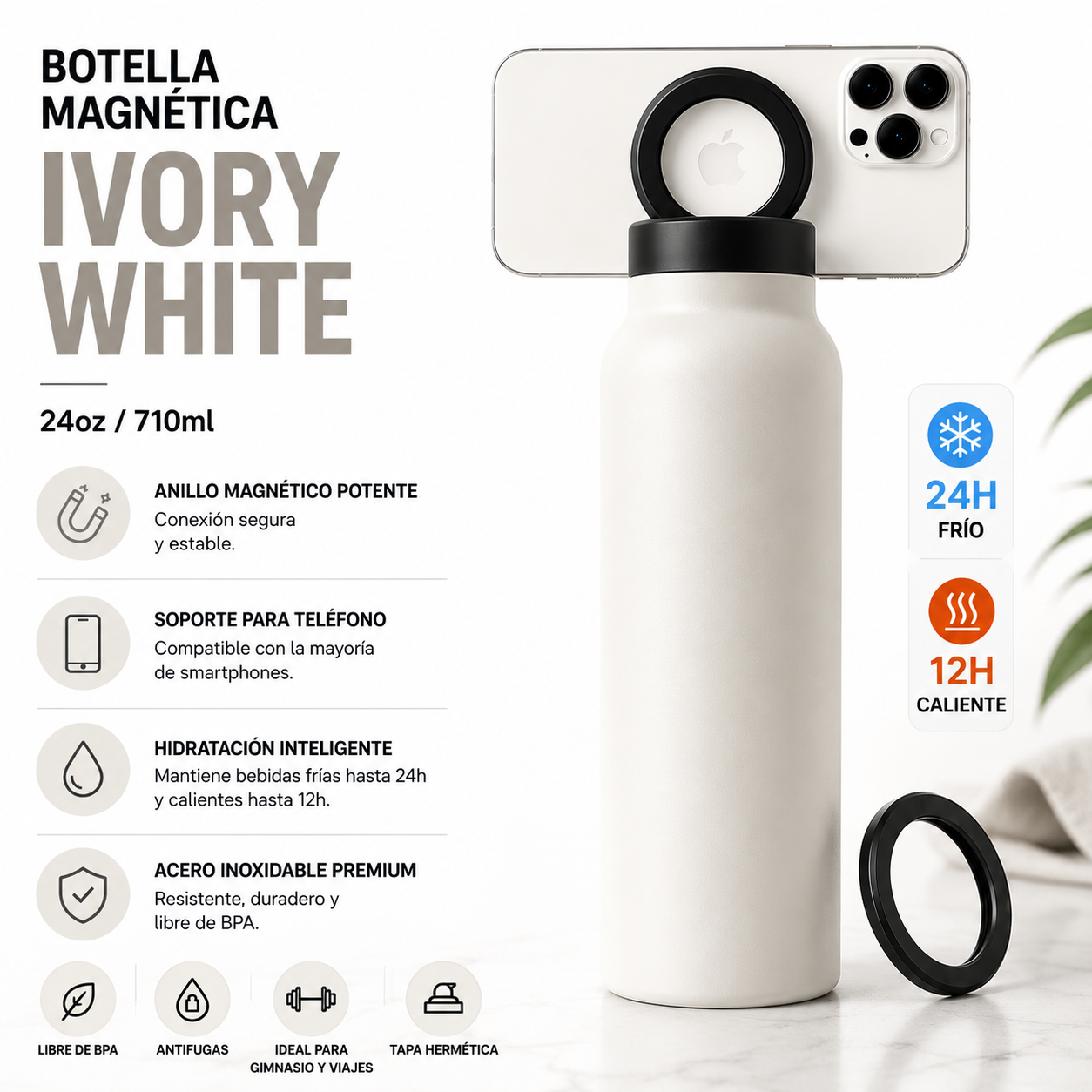 Botella Deportiva Acero Inoxidable 700ml con Soporte Magnético para Móvil