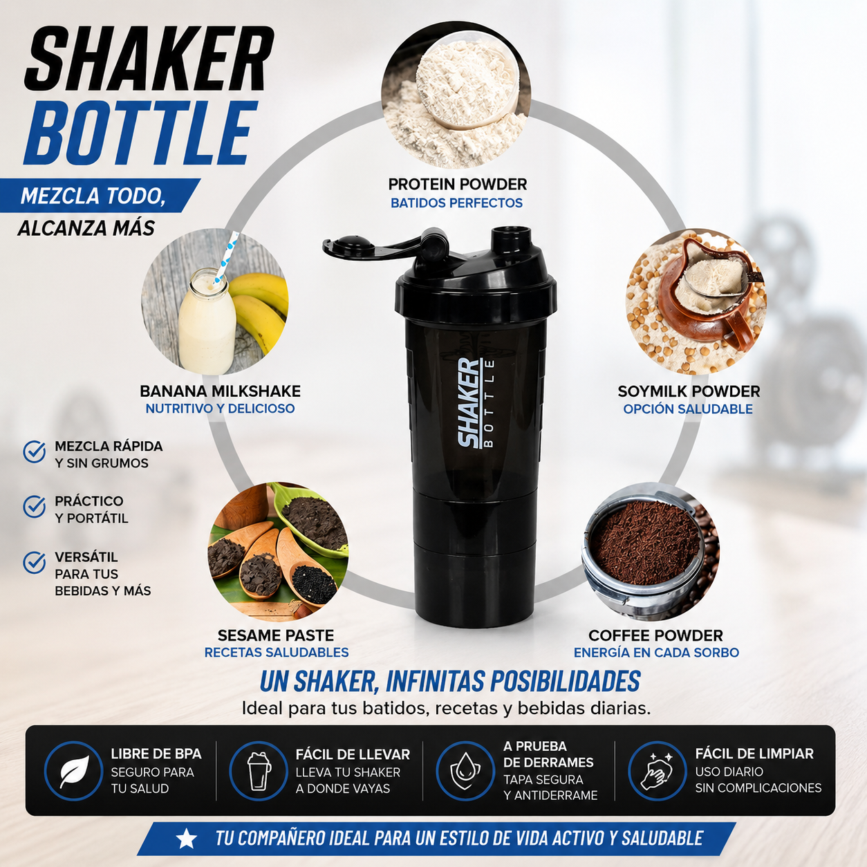 Shaker Pro 500ml con Compartimento para Proteína y Pastillero Integrado