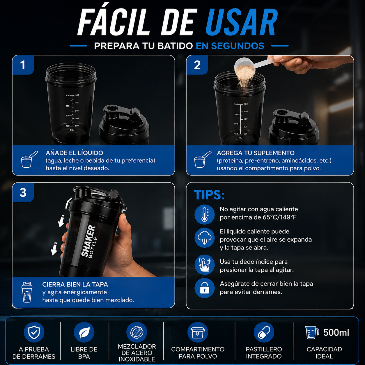 Shaker Pro 500ml con Compartimento para Proteína y Pastillero Integrado
