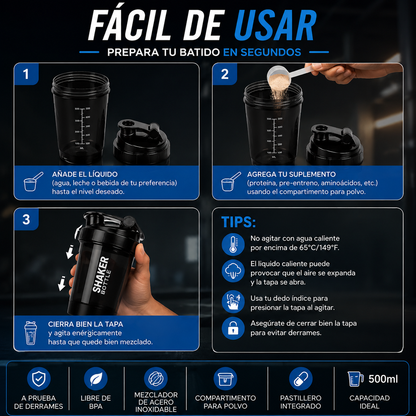 Shaker Pro 500ml con Compartimento para Proteína y Pastillero Integrado