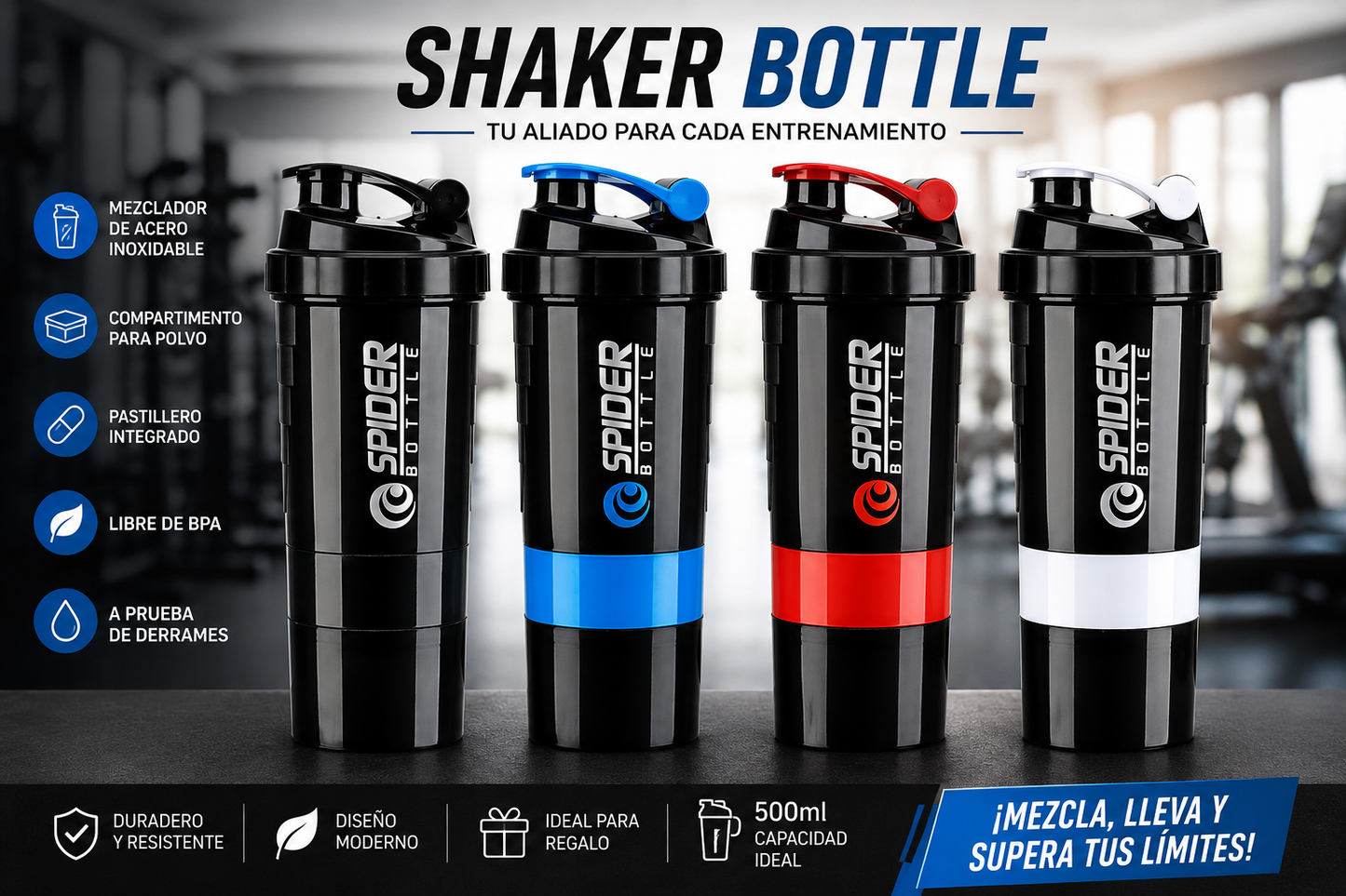 Shaker Pro 500ml con Compartimento para Proteína y Pastillero Integrado