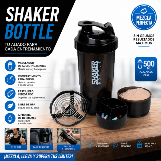 Shaker Pro 500ml con Compartimento para Proteína y Pastillero Integrado